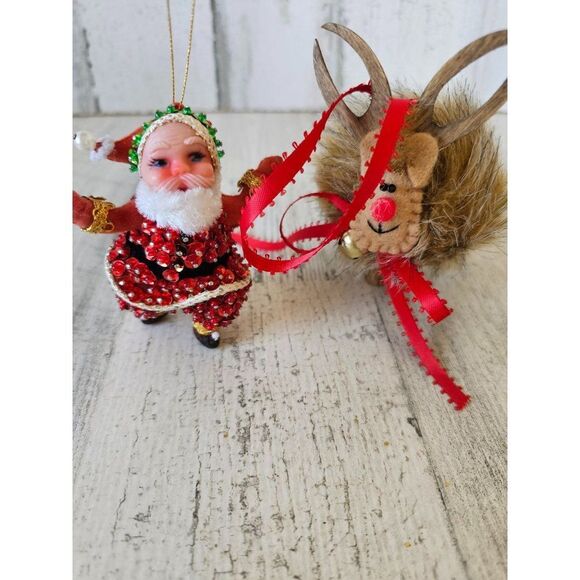 Wooden reindeer sequin beaded Santa vintage ornament Xmas set - Picture 1 of 13